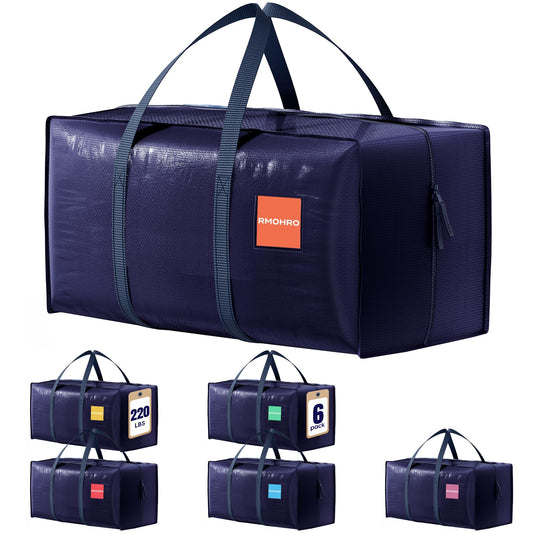 RMOHRO 6 Pack Moving Bags Heavy Duty 210GSM with Full-Open Side Zipper, 93L 220lbs Waterproof Foldable Storage Totes for College Dorm Move-In, Moving Boxes Alternative & Home Organization, Blue