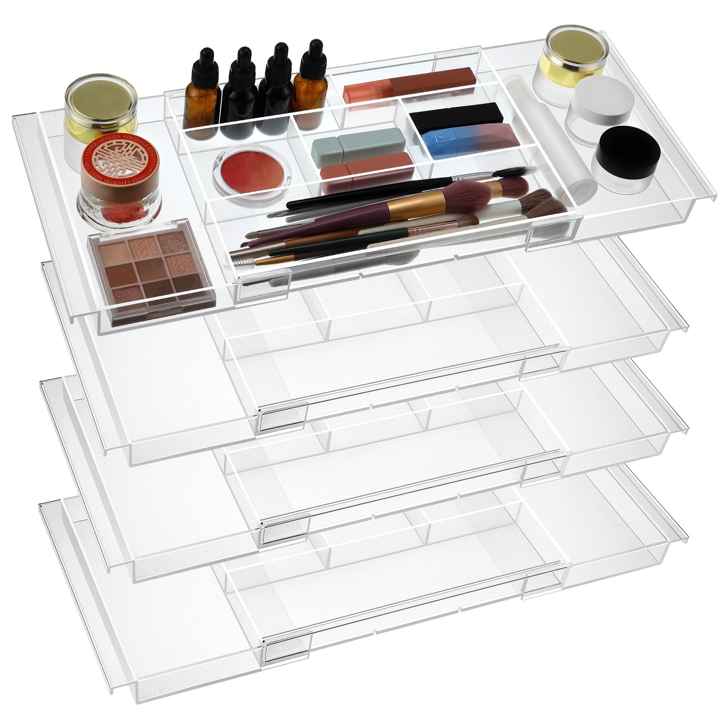 Dunkive 4pack Shallow Expandable Drawer Organizer, Adjustable 12.5”–20” Clear Plastic Drawer Organizer Tray for Vanity Bathroom Desk Kitchen Drawers, Multi Compartment Storage