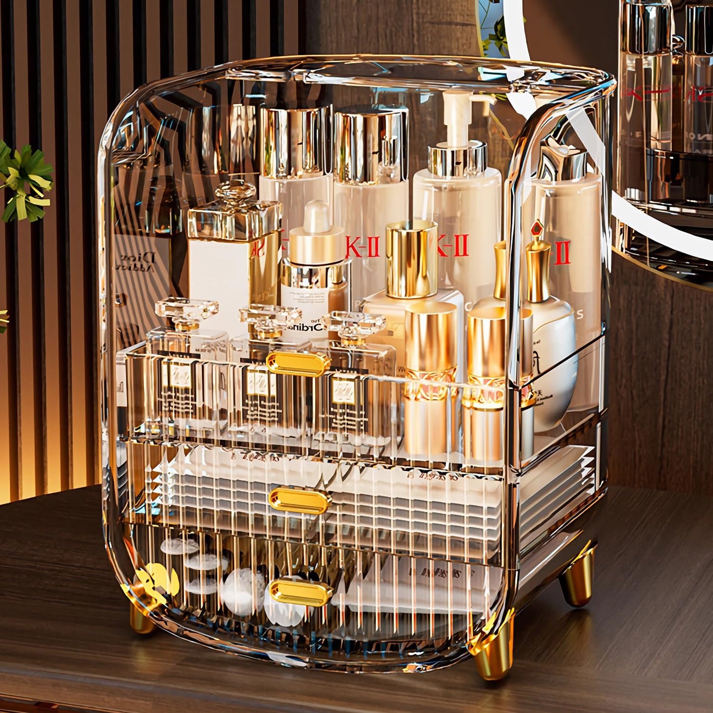 Makeup Organizer, Large Capacity Cosmetics Makeup Organizer for Vanity, Dustproof Waterproof Cosmetics Display Case with Drawers for Skincare, Lipstick, Brushes and Jewelry (Clear)