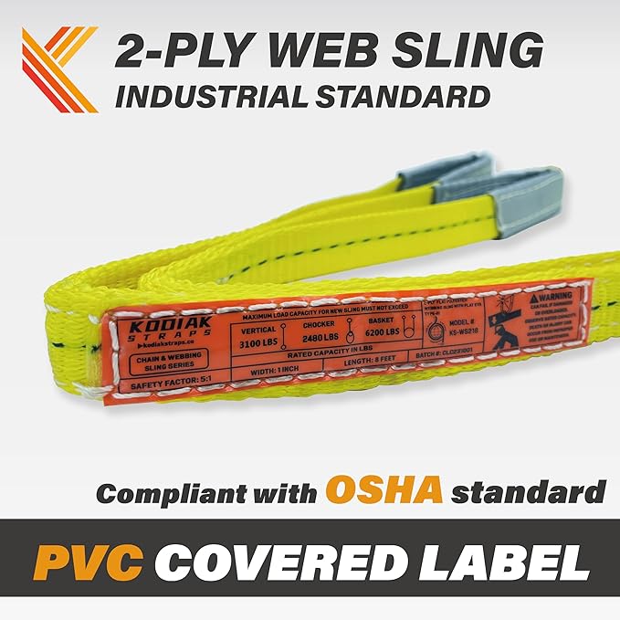 2-Ply Lifting Straps 1”x 12ft Webbing Sling Tree Saver 1Pack Heavy Duty Web Strap Rigging Moving Towing Hoisting Gear KODIAK STRAPS