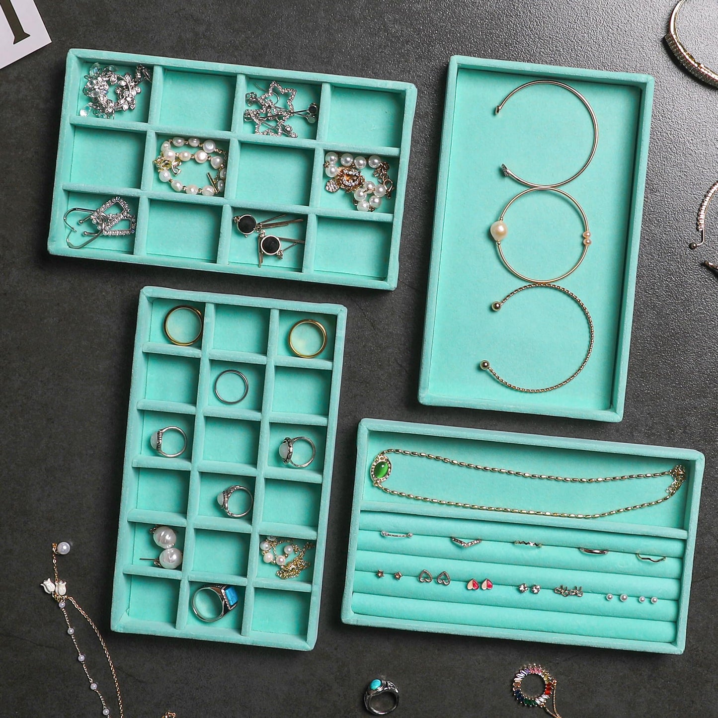Frebeauty Jewelry Organizer Tray,Stackable Velvet Jewelry Trays,Drawer Inserts Earring Organizer For Women Jewelry Storage Display Case for Rings Stud Necklaces,Set of 4(Turquoise)