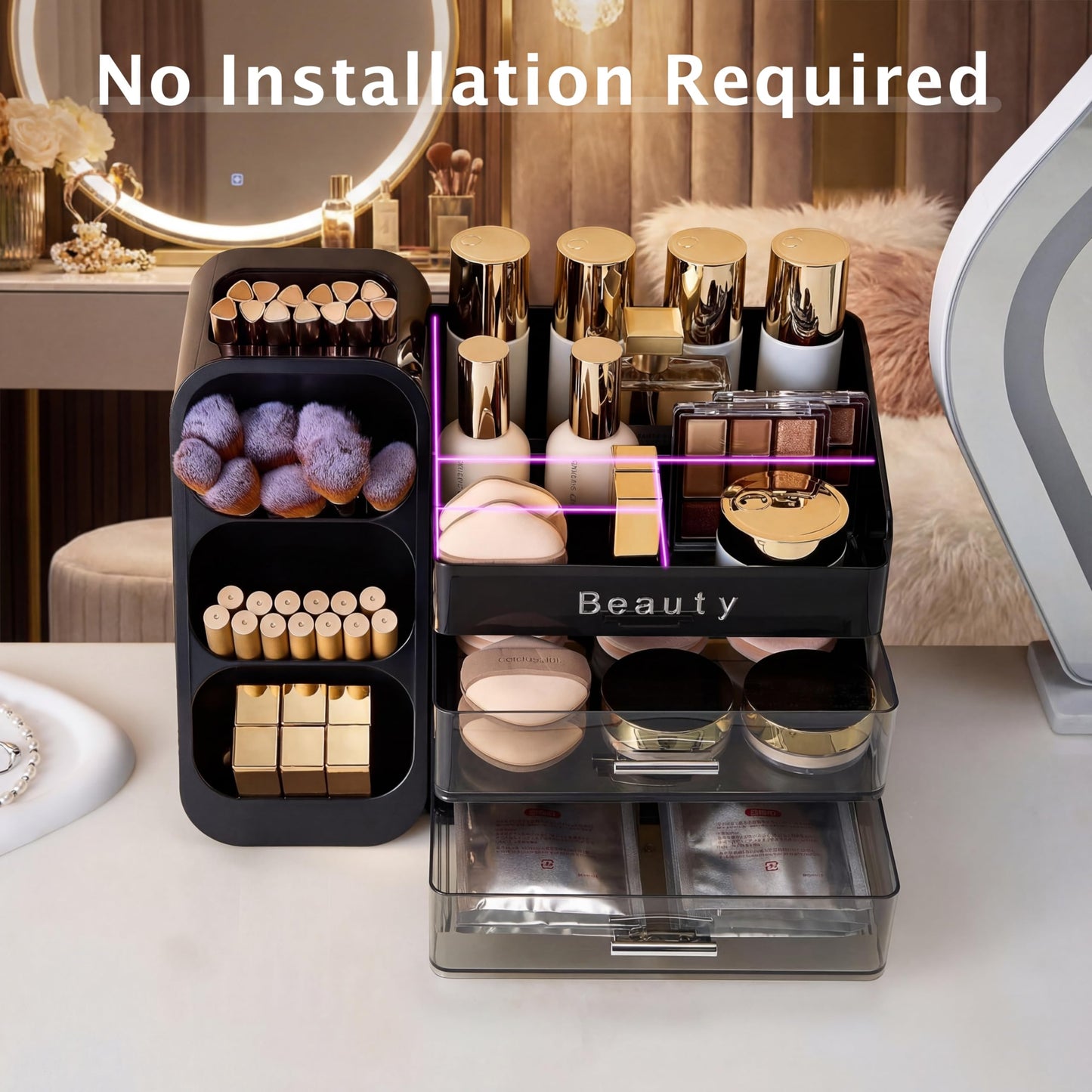SYFIS Makeup Organizer for Vanity with Brush Holder, Countertop Makeup organizer with Drawers for Skincare, Cosmetics, Perfumes, Eyeshadow Palettes, Spacious Cosmetic storage organizer
