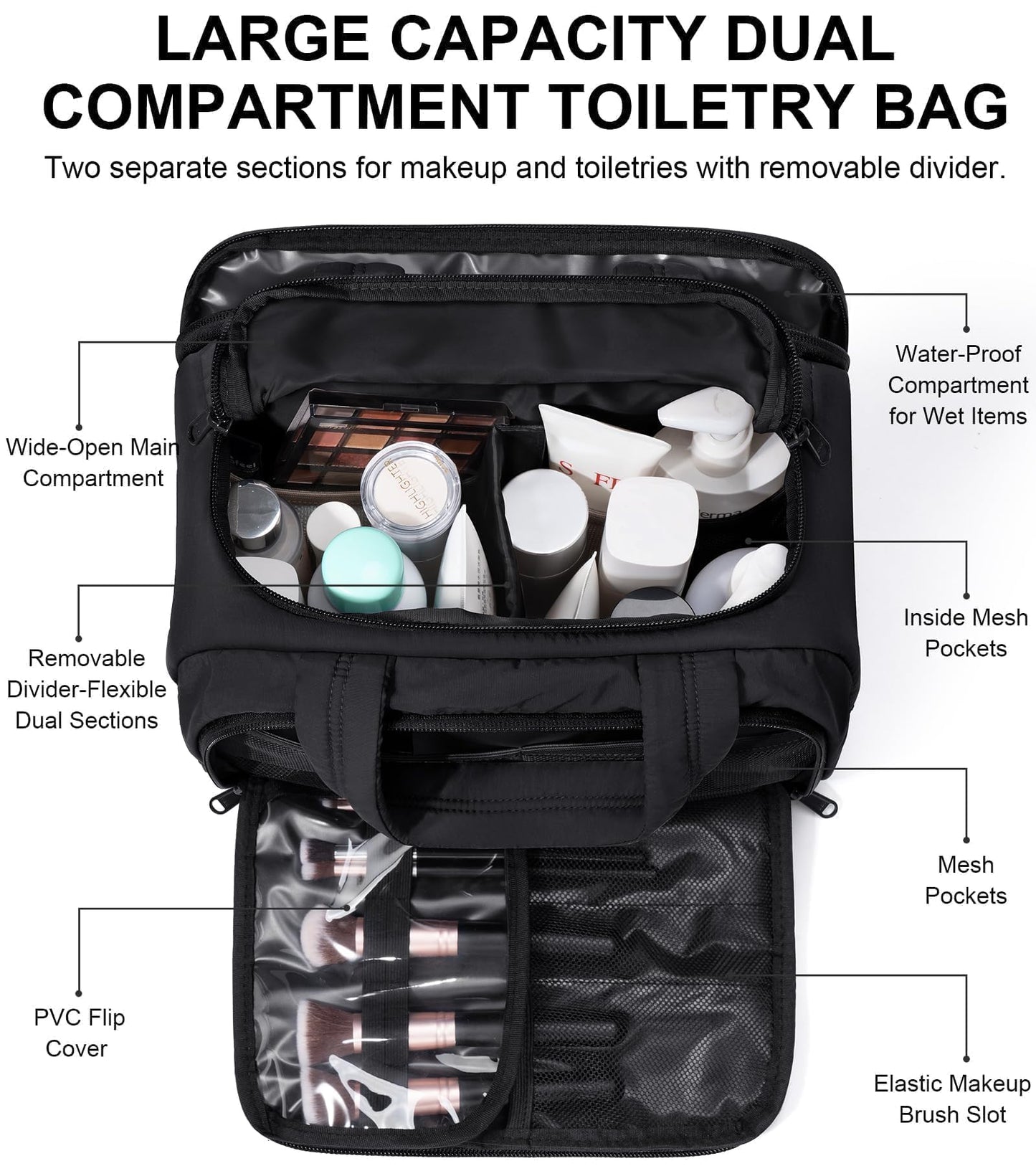 Bagstellar Travel Toiletry Bag for Women, Lightweight Large Quilted Puffy Makeup Bag Wide-open Make up Organizer Cloud Cosmetic Bag w/Handle for Traveling, Toiletries, Essentials, Accessories, Black
