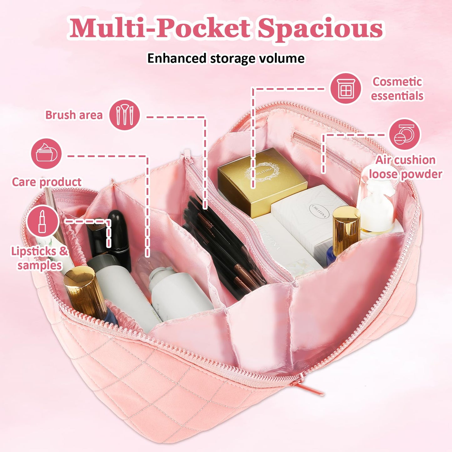 XSMNER Travel Makeup Bag, Festivalment Wide Open Lay-Flat Water-Resistant Cosmetic Case, Puffy Padded Organizer for Toiletries & Brushes Large Capacity with Compartments (Pink)