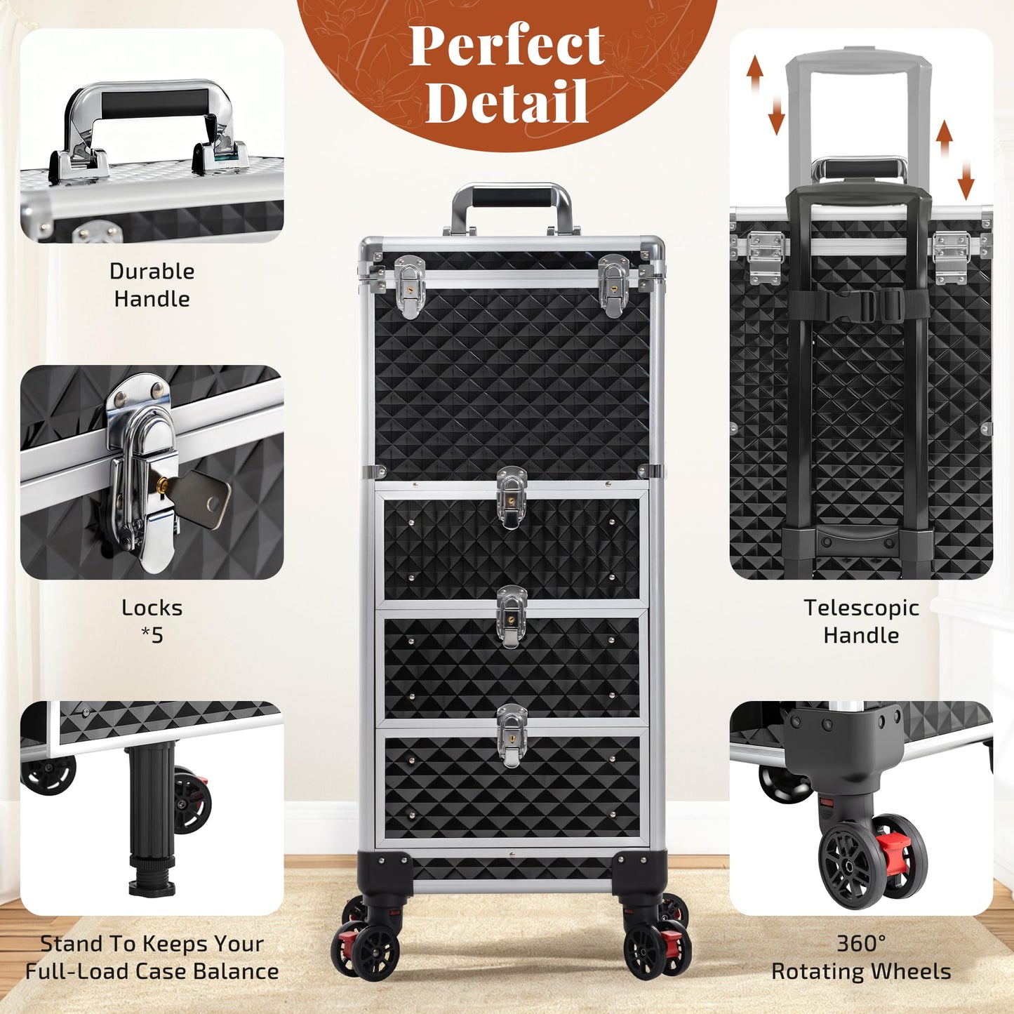 JINGUAN Rolling Makeup Train Case with 3 Drawers, Nail Trolley Cart Salon Station Cosmetology Case on Wheels Organizer Cases for Nail Tech,SPA,Face Painting,Hairstylist,Makeup Artist (Silver & Black)