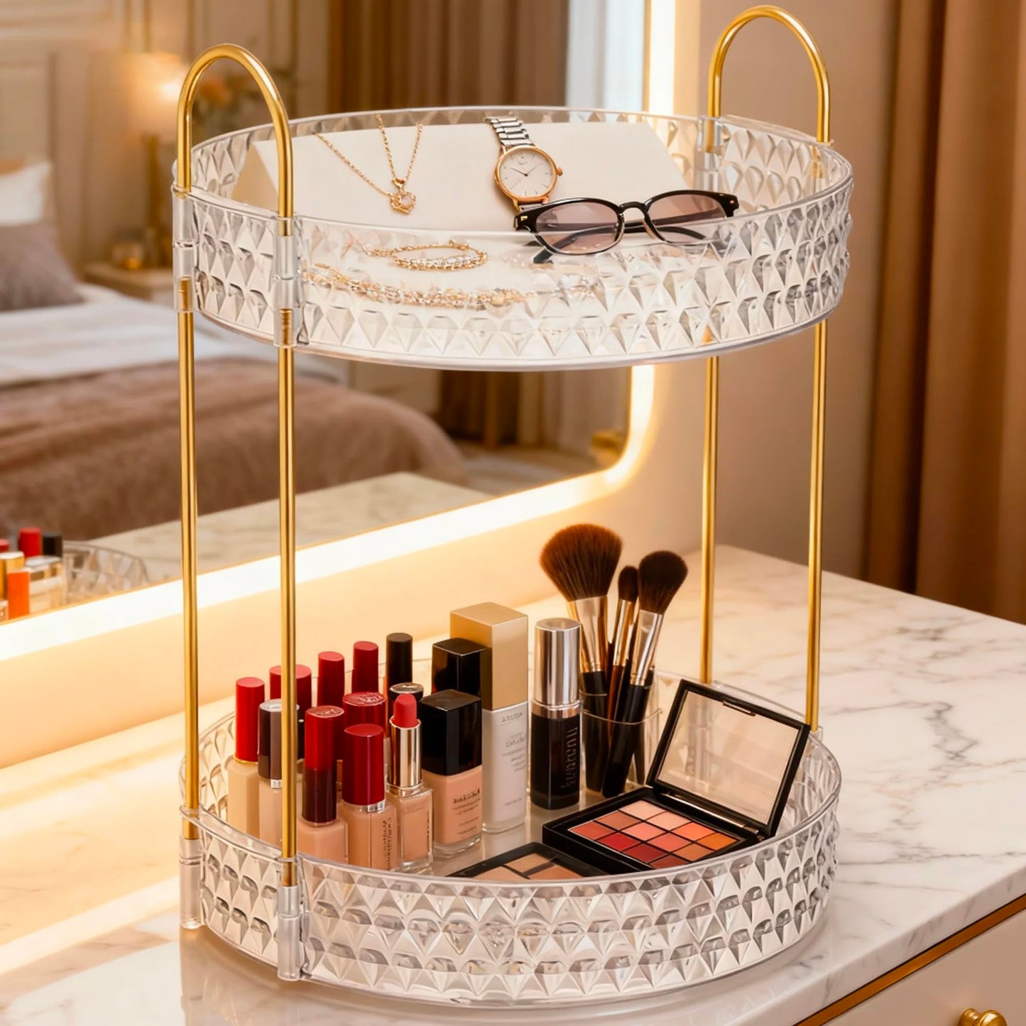 360° Rotating Acrylic Makeup Organizer, 2-Tier Large Capacity Cosmetic Storage Rack for Bathroom Countertop & Vanity, for Skincare, Perfume & Beauty Essentials