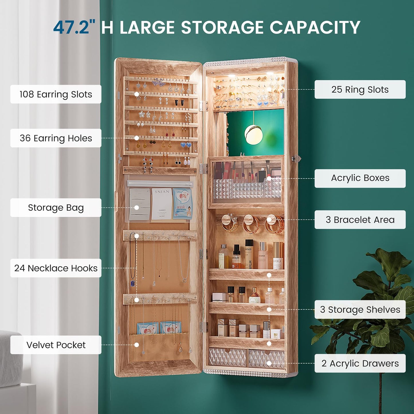 HNEBC Full Length Mirror with Storage, Wall Mounted Jewelry Cabinet with Lights, Lockable Over Door Jewelry Organizer with Drawer, Foldout Makeup Tray 47.2" Hx14.5 Wx3.9 D,Natural