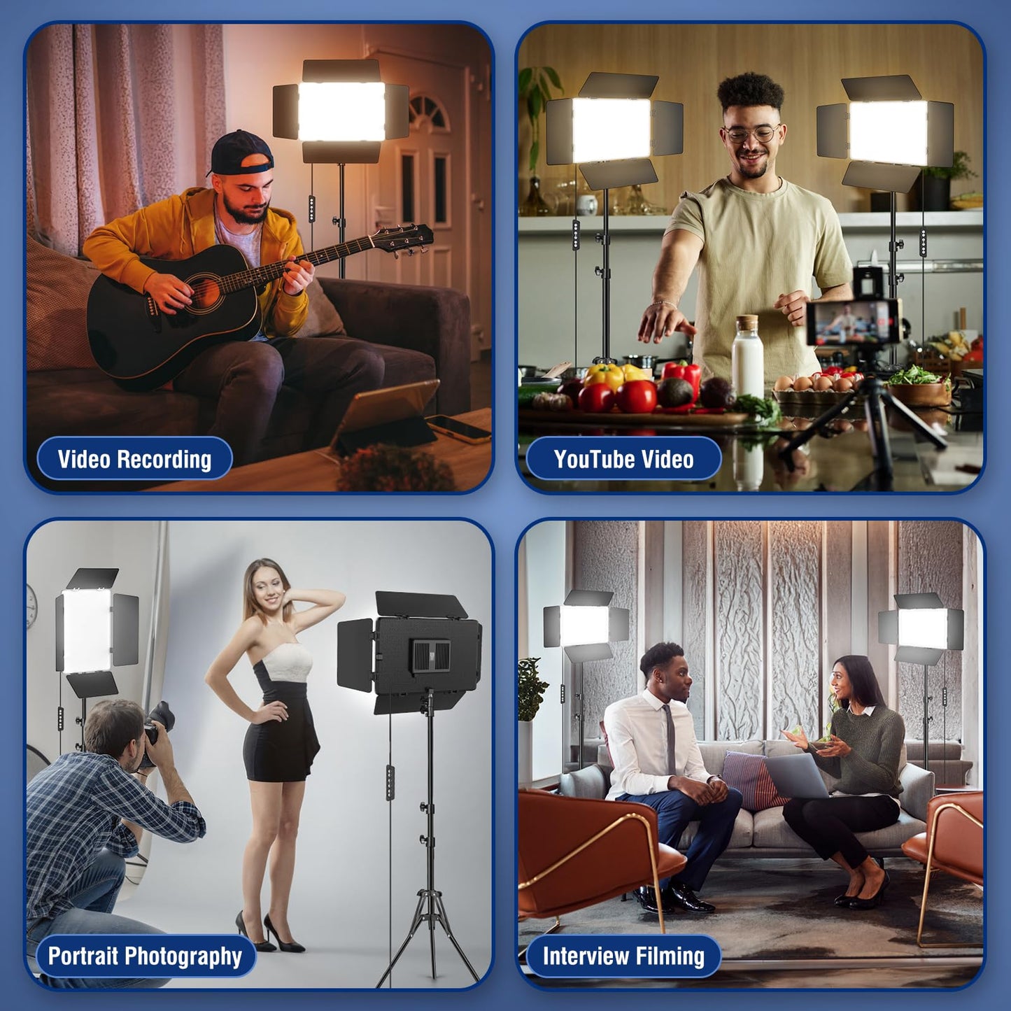 2 Pack LED Video Light Kit with Barn Door, Kewaiaa 30W Photography Light Panel with Stand, 3000Lux 2500K-8500K Dimmable Studio Lights for Video Recording/Filming/Photoshoot Shooting/Live Streaming