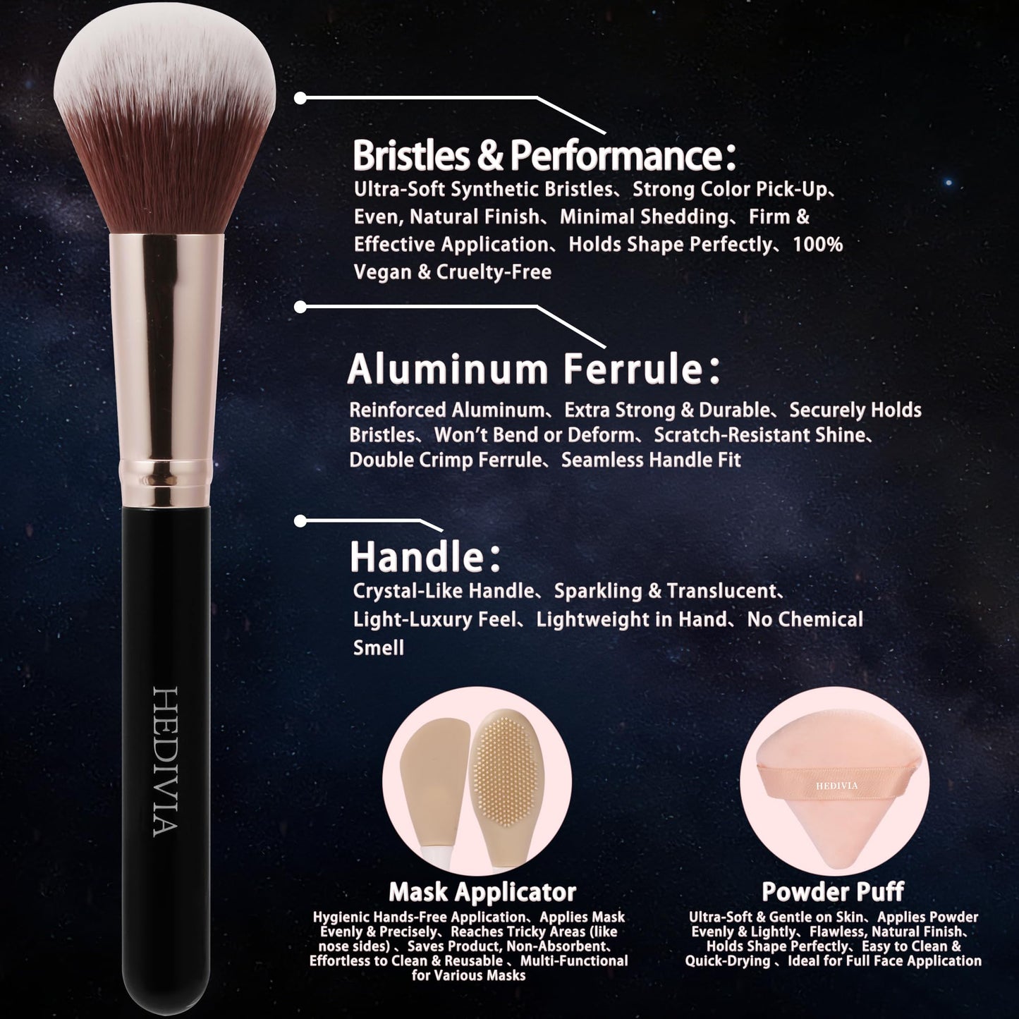 HEDIVIA Black Makeup Brushes Set 14 Pcs Professional, Premium Synthetic Foundation Makeup Brush Concealer Powder Blush Eyeshadow Brushes with 2 Powder Puff & Dual-ended Mask Applicator.Gifts for Girls