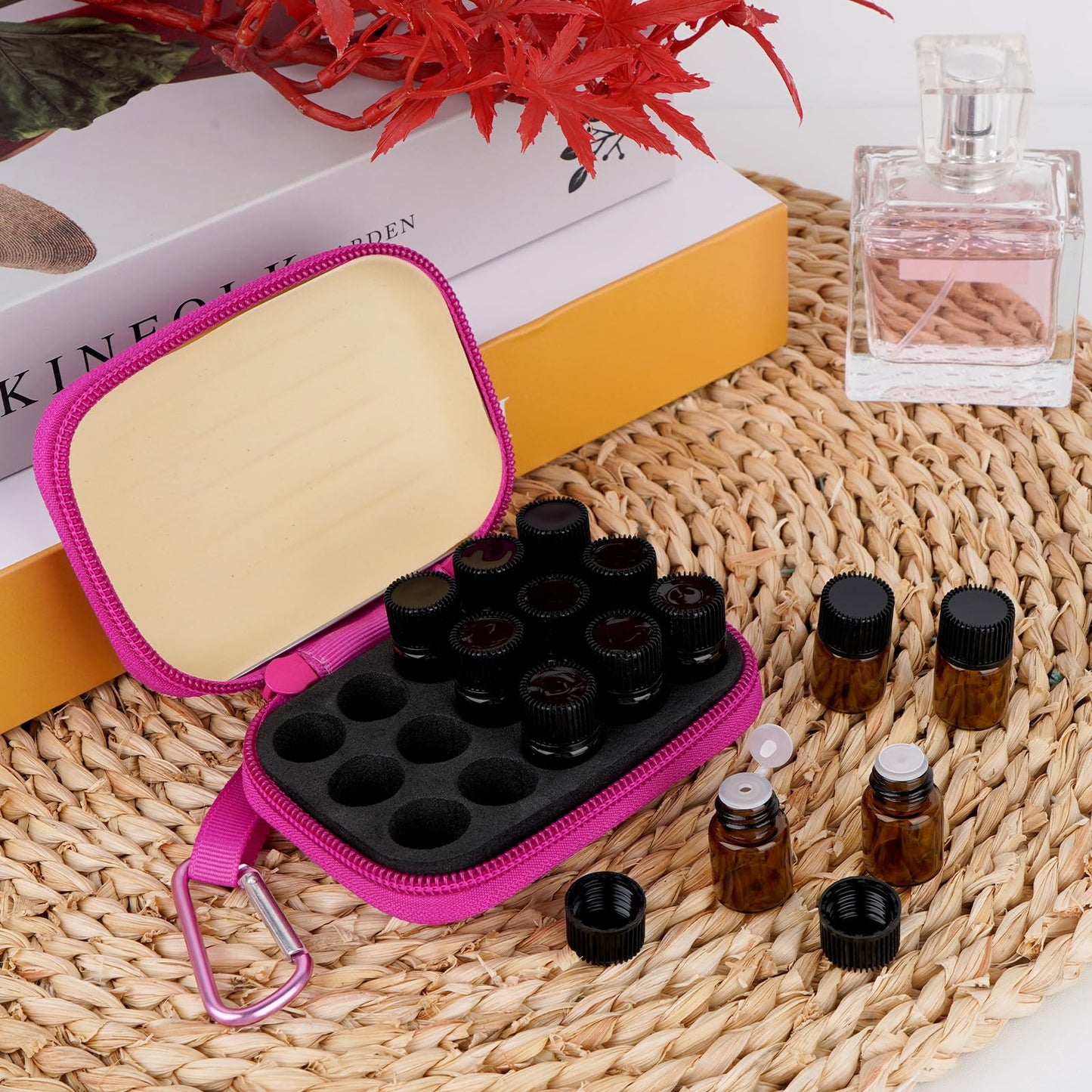 Biiange 2Pcs Mini Essential Oil Bottle Case with 30 Empty 2ml Vials, Travel Storage Organizer Box for Essential Oils, Compact Aromatherapy Holder for Home, Travel & Outdoor Use (15 Slots, Rose Red)