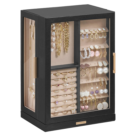 Glimmloop 360° Rotating Jewelry Box with 7 Drawers, Spacious Vertical Jewelry Organizer with Glass Window, Jewelry Storage Case, Dustproof & Moisture-resistant Design, Black