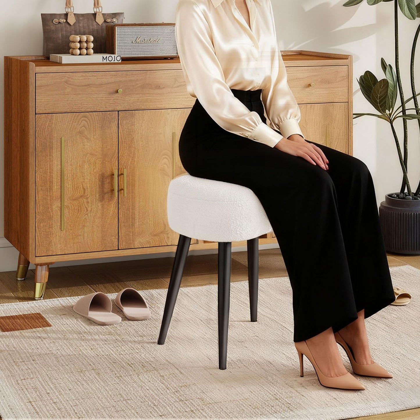 Permory Teddy Velvet Vanity Stool, Upholstered Makeup Chair with Sturdy Metal Legs, Soft Padded Ottoman Footrest, Modern Accent Stool for Bedroom, Living Room, Entryway (White, 17.7in H)