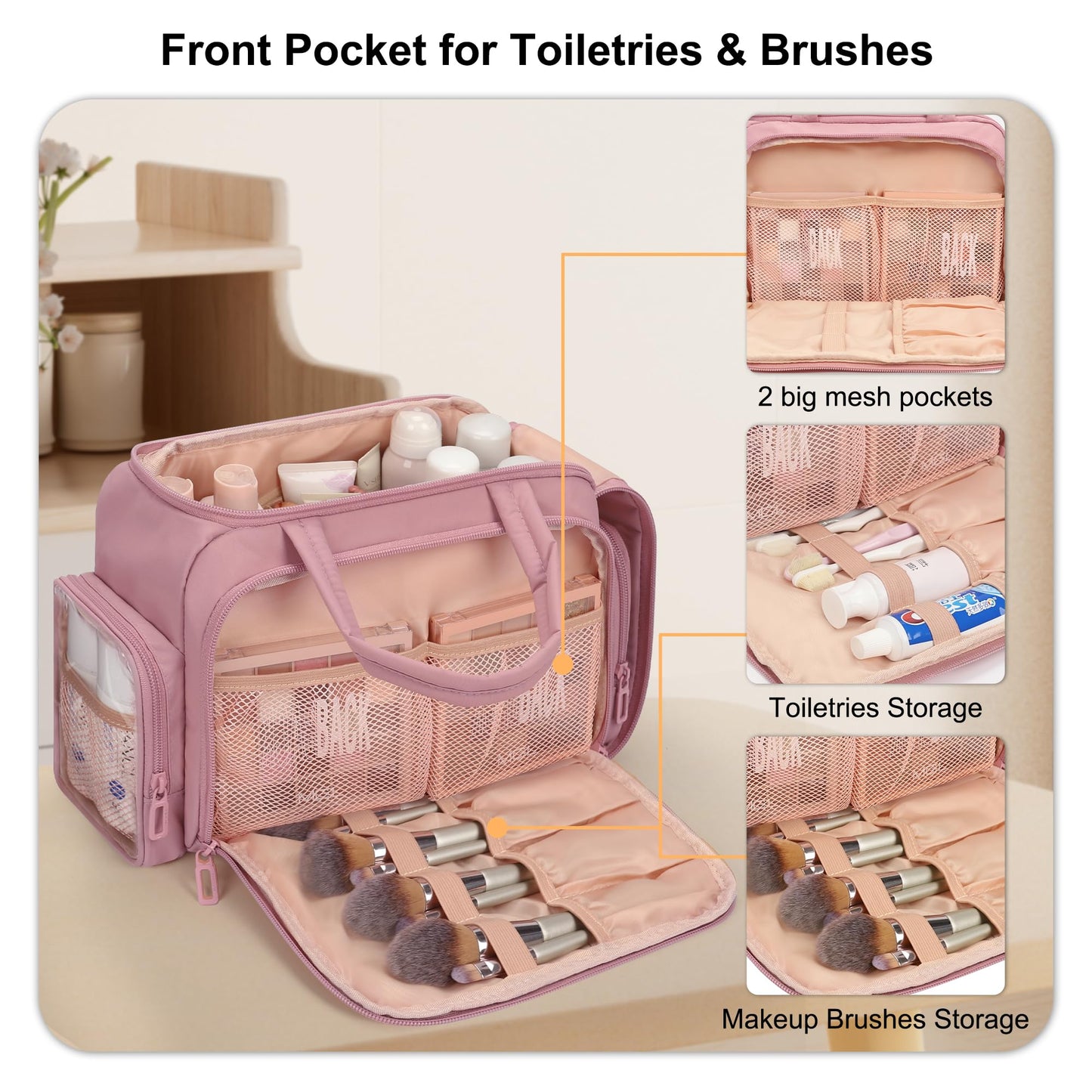 WGEAR Travel Cosmetic Bag for Women, Lightweight Wide-open Makeup Travel Bags for Toiletries with 2 Removable Dividers, Large Makeup Organizer with Brushes Board, Multi Pockets for Gym, Daily, Pink