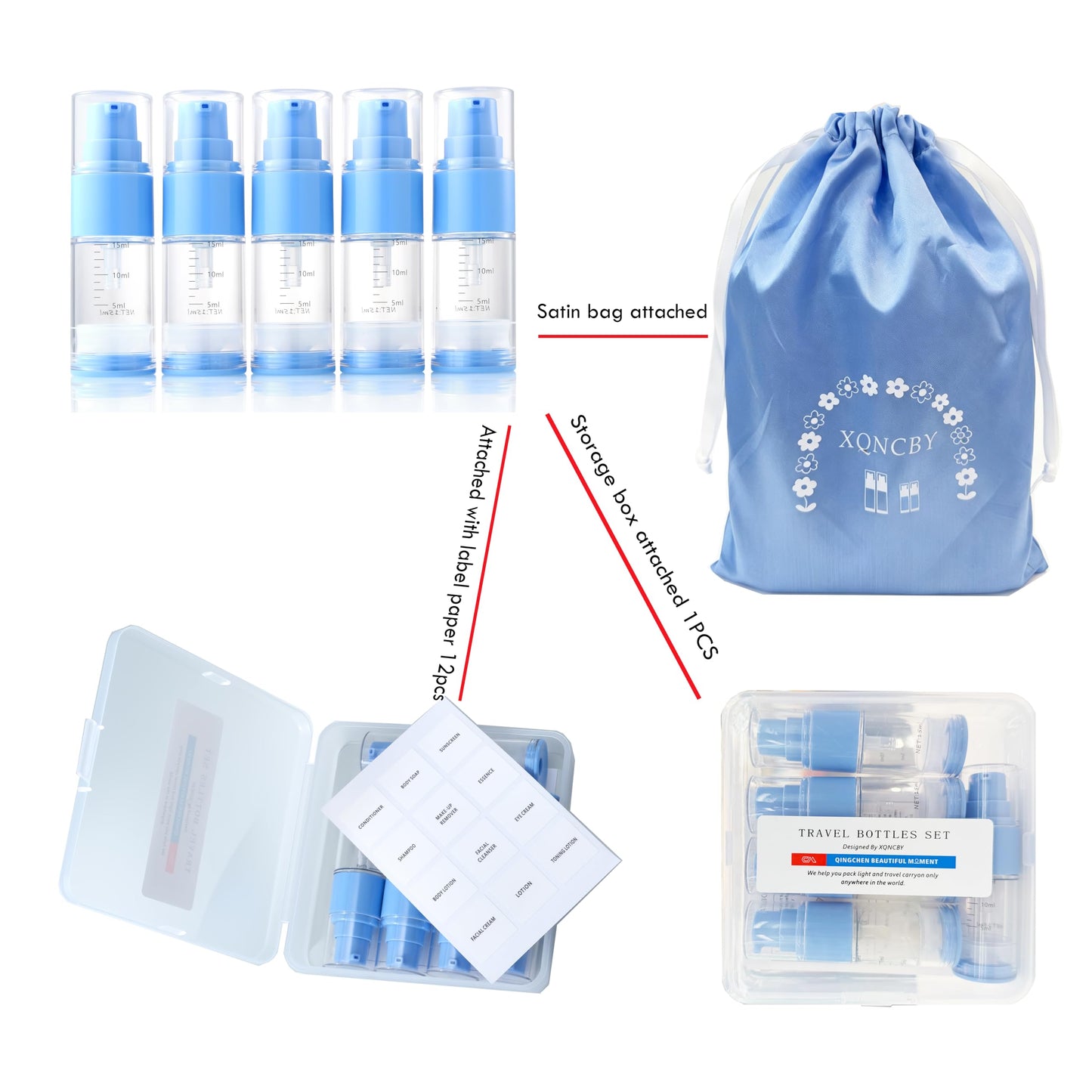 XQNCBY 0.5oz/15ml Travel Airless Pump Bottles, 5 Pack Refillable Vacuum Cosmetic Containers with Clear Organizer Case & Labels, Small Lotion Dispenser Bottles for Skincare, Toiletries & Cosmetics