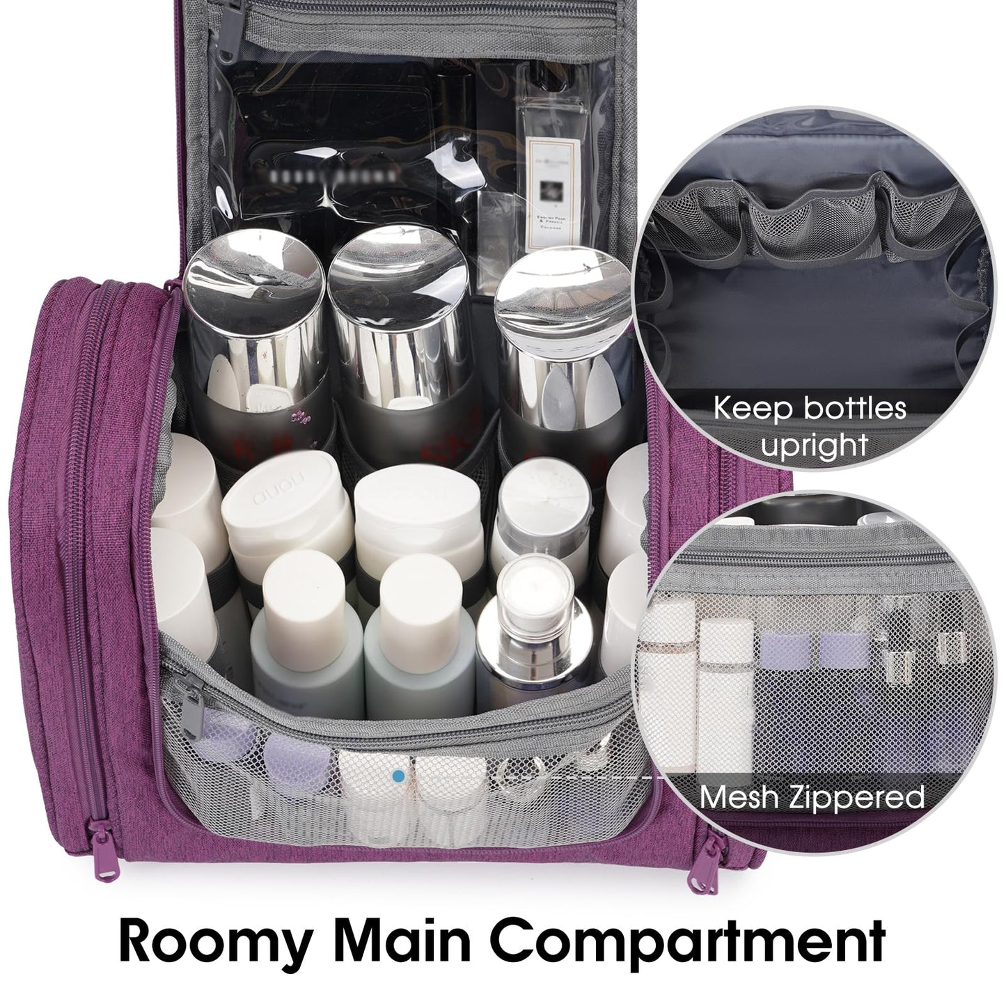 Narwey Large Hanging Toiletry Bag for Women Travel Makeup Bag Organizer Toiletries Bag Dry Wet Separation (Dark Purple)