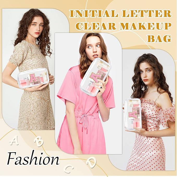 Personalized Initial Letter Clear Makeup Bag,Preppy Small Nylon&PVC Cosmetic Zipper Bag with Chenille Letter,Travel Skincare Toiletry Bag,Monogram Christmas Gift for Teen Girls Women,A