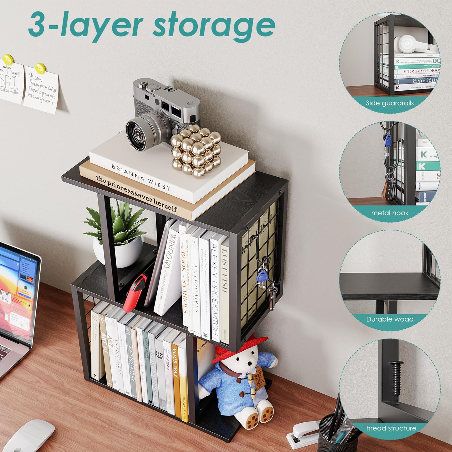 Vfelf Small Bookshelf Desk Organizer，3-Tier Shelf for Top of Desk Workspace Organizers for Office Accessories, Black