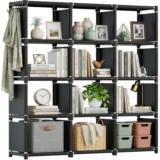 Mavivegue Book Shelf, 12 Cube Storage Organizer, DIY Bookcase, Metal Bookshelf,Tall Book case for Bedroom, Living Room,Office,Closet, Black Cubicle Rack