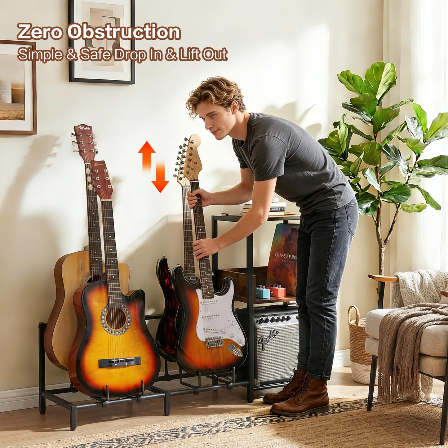 Bikoney Guitar Stand for 4 Guitars - Acoustic, Electric, Bass & Ukulele Floor Rack with 2 Wood Shelves for Amp Holder, Vinyl Records & Media Storage - Adjustable Multi Guitar Display Stand for Music Studio Home (Patent)