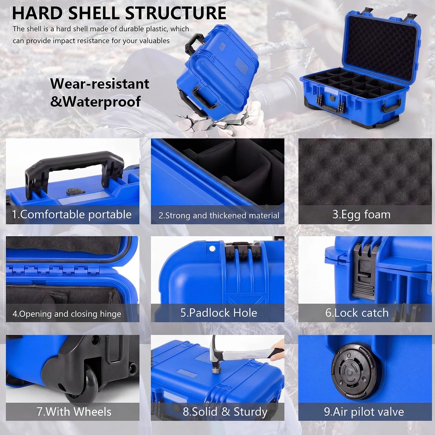 Relaxweex Rolling Camera Hard Case with Padded Dividers & Wheels, Impact-resistant Hard Shell Travel Case for Cameras, Lenses & Accessories(22 x 14 x 9 Inch,Blue)
