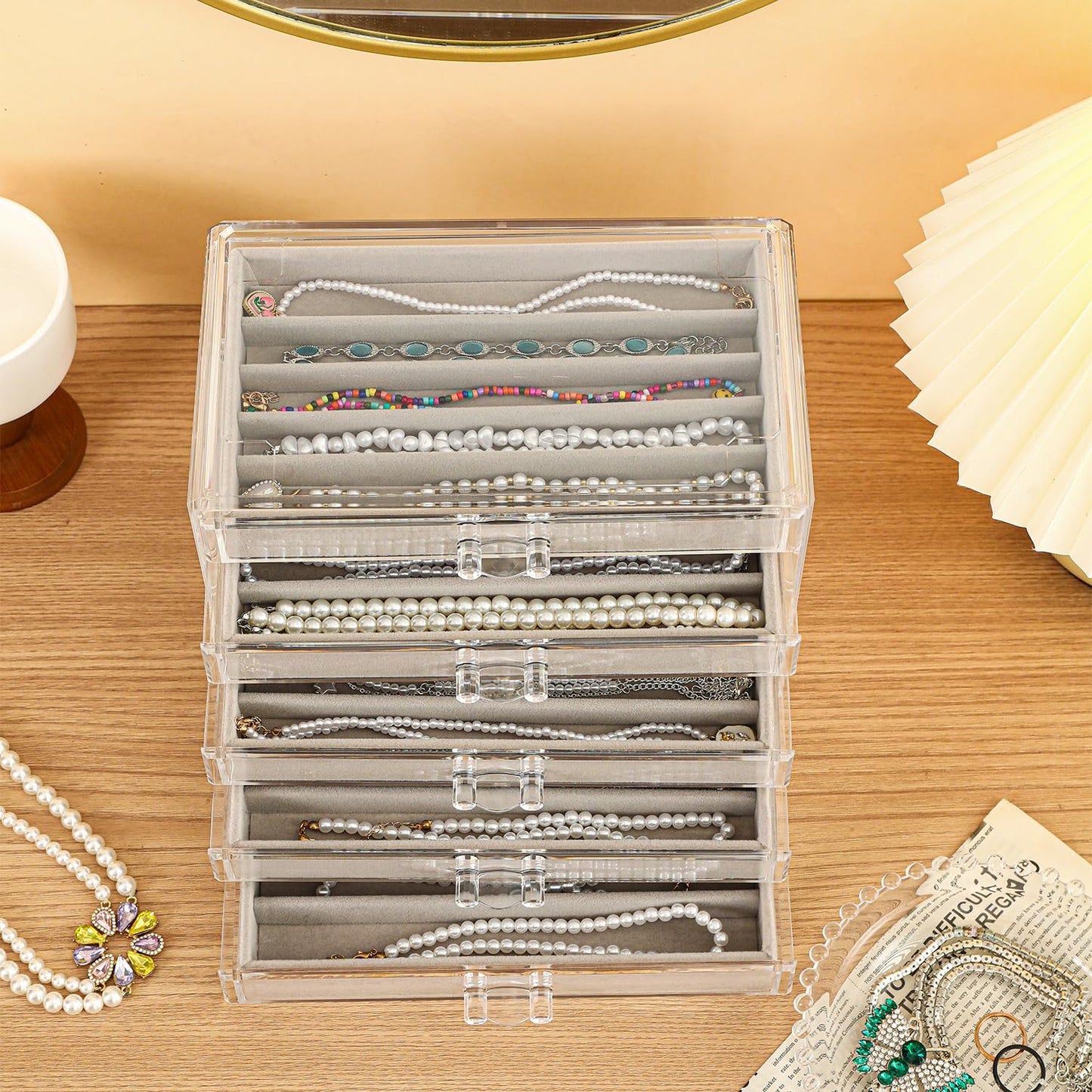 5 Drawerss Necklace Organizer Box, Tray with Clear Lid, Dustproof Velvet Necklaces Holder Storage Display Case, Gery Necklace Tray Drawer Insert for Pendant Suitable for Women and Girls (25 grids)