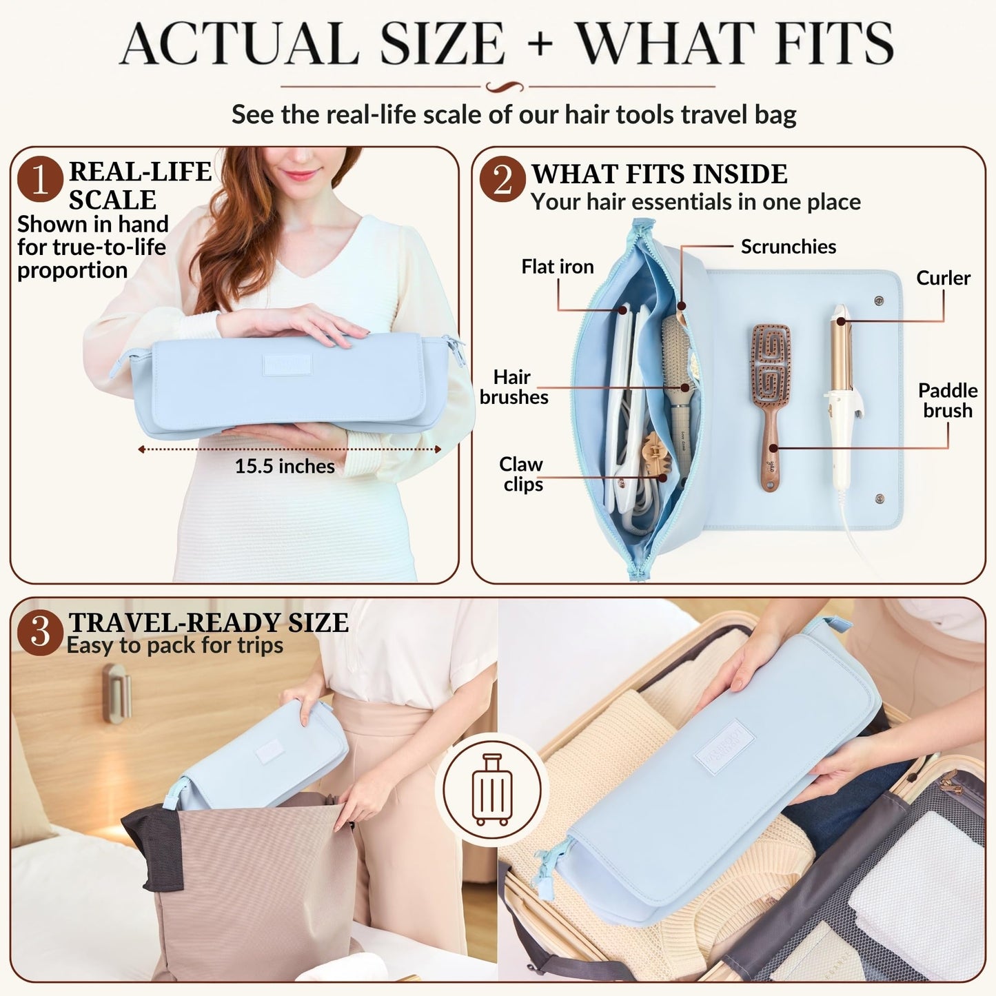 BAREFOOT CARIBOU Hair Tools Travel Bag and Heat Resistant Mat (15.5") for Flat Irons, Straighteners, Curling Iron, and Haircare Accessories, 2-in-1 design, with Interior Pockets, Organizer (Baby Blue)