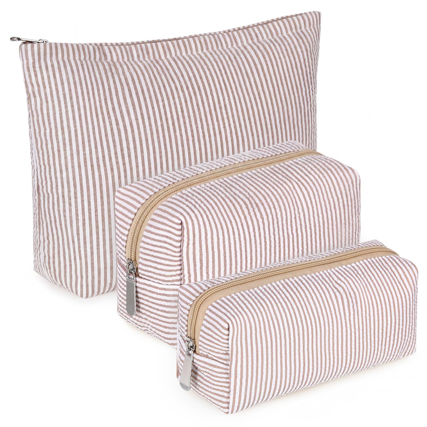 Huhumy 3 Pcs Makeup Bag Set Cute Stripe Cosmetic Pouch for Women Aesthetic Seersucker Travel Toiletry Bag Set Preppy Small Makeup Purse Pouch Cosmetic Organizer Pencil Case with Zipper(Khaki)
