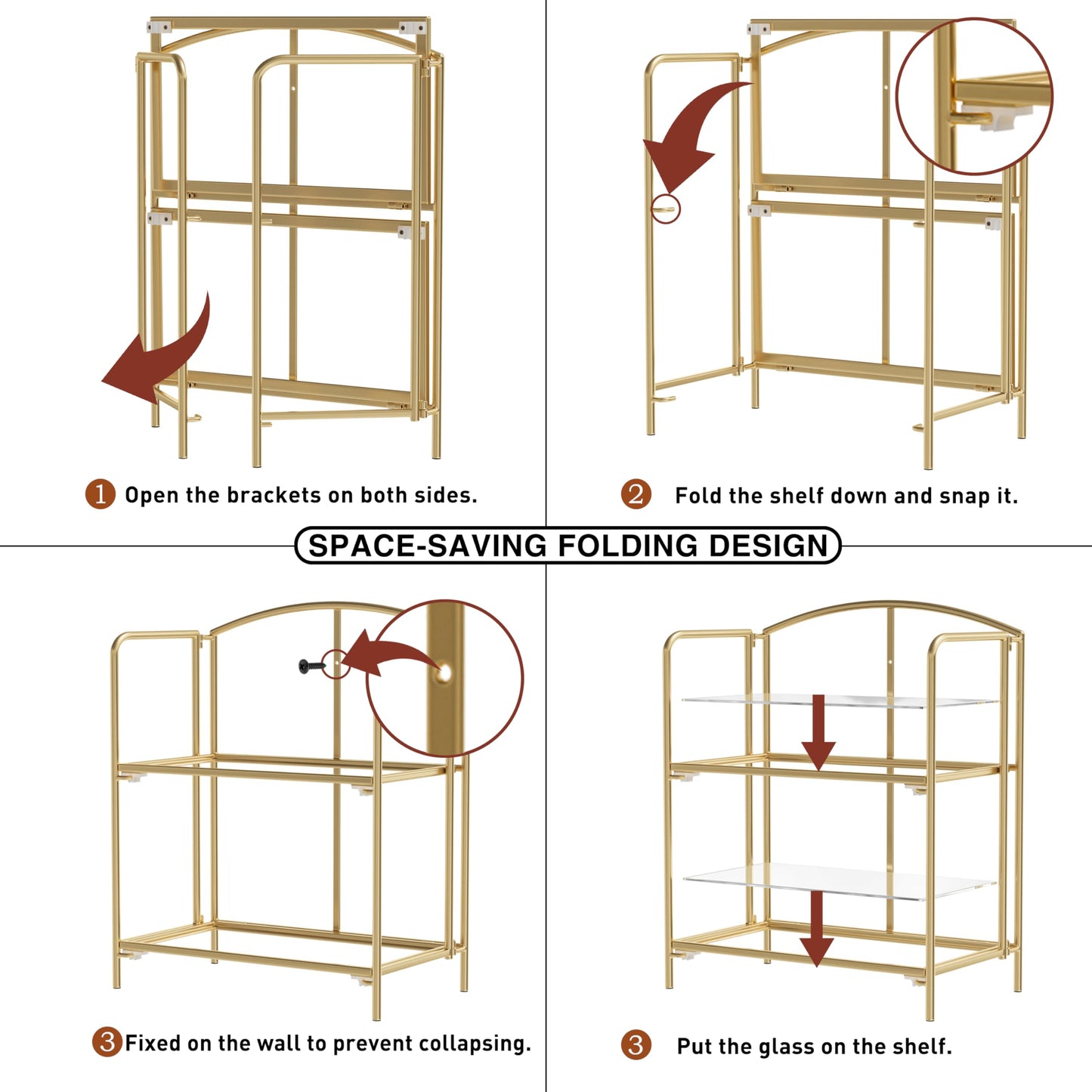 Crofy 2-Tier Foldable Bookshelf, Gold Frame & Transparent Shelves