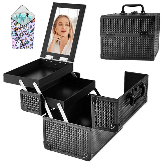 GALHUBIS Makeup Train Case, Portable Makeup Case with Mirror, 2-Trays Cosmetic Organizer Case,Nail Polish Organizer, Travel Makeup Box, Profesional for Salon Barber, Black