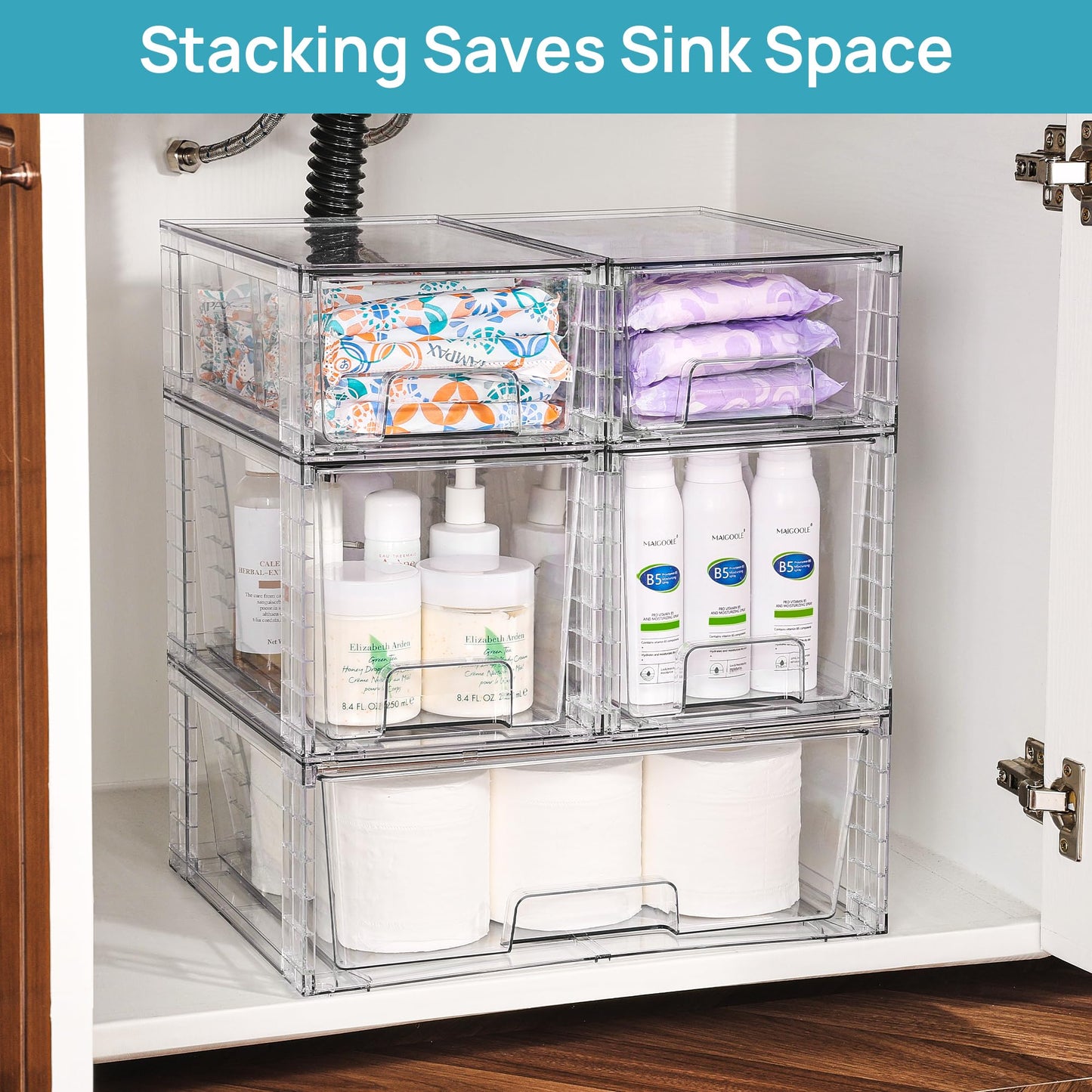 Vtopmart Clear Stackable Storage Drawers Set of 5, Easily Assemble Acrylic Bathroom Undersink Organizers,Plastic Storage Bins for Closet,Cabinet,Pantry,Medicine Organization