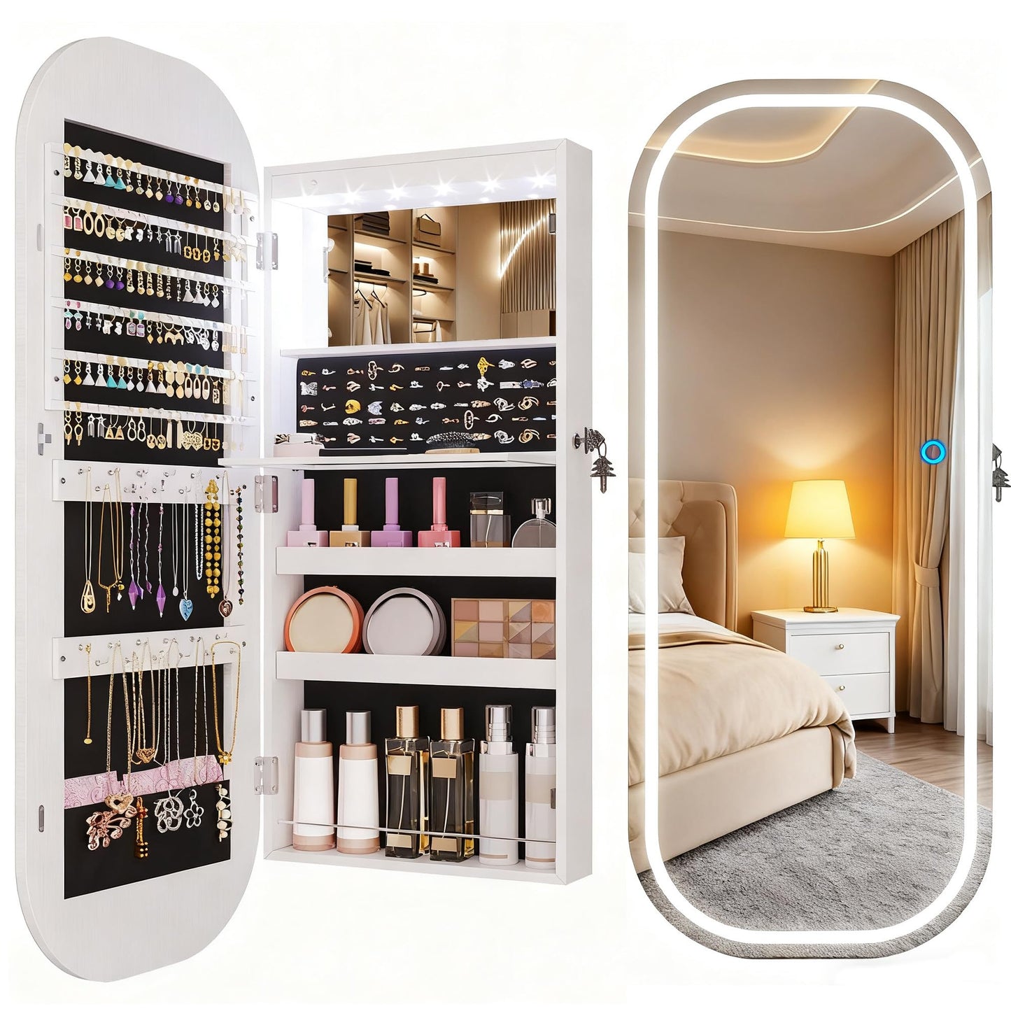 LVSOMT LED Mirror Jewelry Cabinet, Wall/Door Mount Jewelry Mirror Organizer, Rounded Full Length Mirror with Storage, Lockable Jewelry Armoire, 16" Wide, Foldable Shelf, Interior Mirror, White