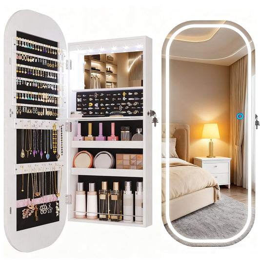 LVSOMT LED Mirror Jewelry Cabinet, Wall/Door Mount Jewelry Mirror Organizer, Rounded Full Length Mirror with Storage, Lockable Jewelry Armoire, 16" Wide, Foldable Shelf, Interior Mirror, White