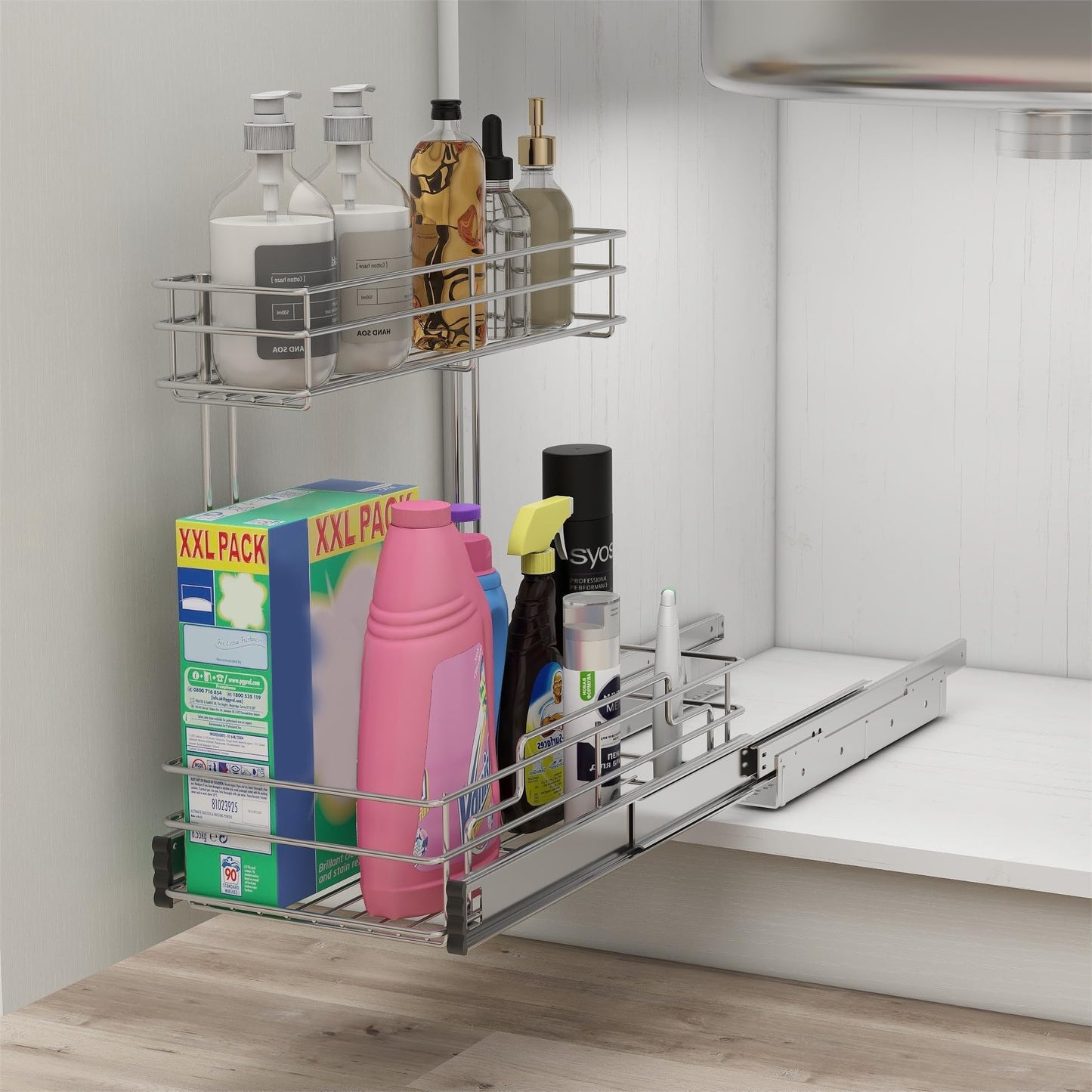 STORKING Under Sink Organizer 9" W X17 D, Pull Out Cabinet Organizer 2 Tier, Under Sink Slide Out Chrome Plated, Under Kitchen Bathroom Organizer, Pantry Cabinet Closet Organization Rack, 1 Pack