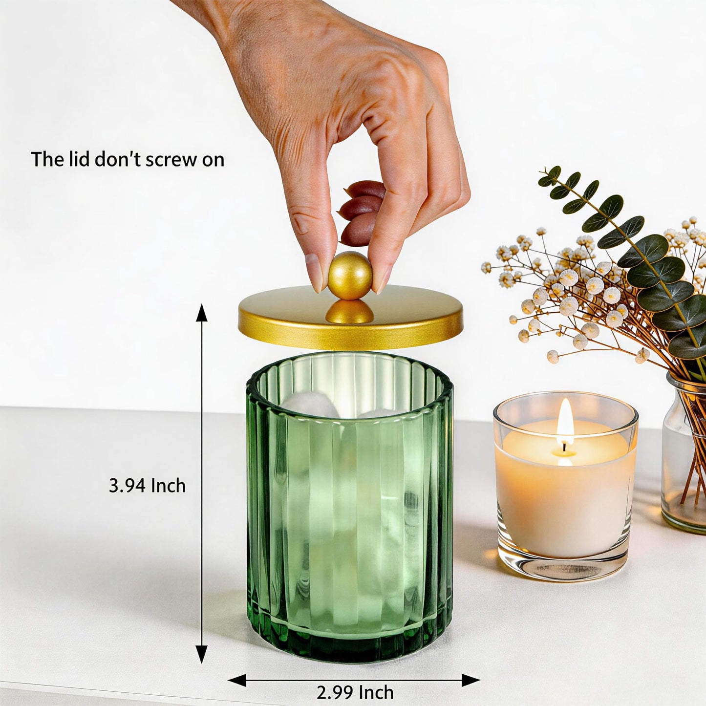 Amolliar Sage Green Glass Qtip Holder Dispenser, Bathroom Canister Apothecary Jar for Cotton Swabs, Cotton Balls, Round Pads, Floss Picks, Countertop Storage Organizer Container for Vanity,Gold 2 Pack