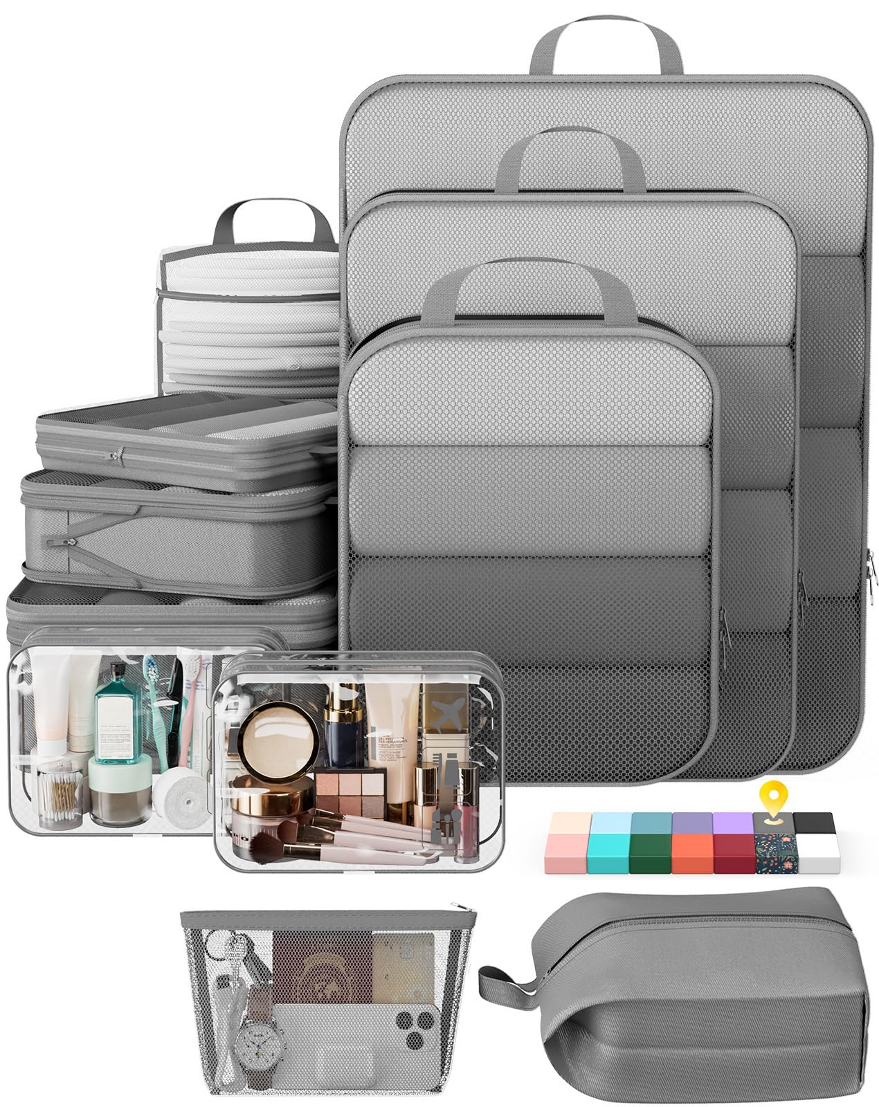 Veken 11-Pack Compression Packing Cubes for Travel Essentials,Compressible Expandable Large Luggage Suitcase Organizer Bags for Clothing,Durable Space Saver Bags with Toiletry Bags(Gray)