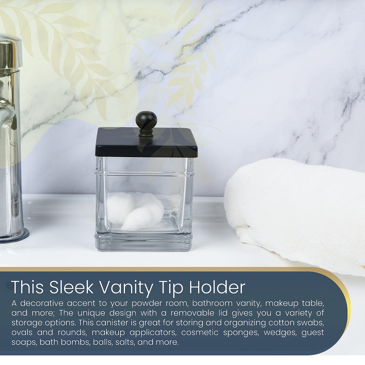 Indecor Home Clear Transparent Hotel Style Apothecary Tempered Glass Canister Jar W/ Matte Black Metal Lid Cover, Classic Countertop Organizer for Cotton balls/pads, Floss Picks, Makeup Storage