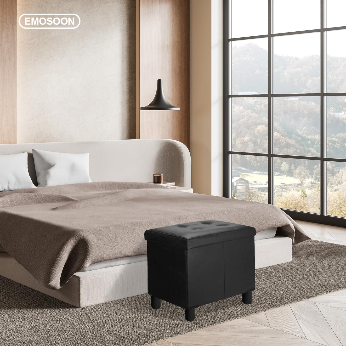 Emosoon 18 Inches Cube Storage Ottoman, Faux Leather Collapsible Square Folding Ottoman Furniture with Storage for Living Room Bedroom, Foot Rest Foot Stool with Legs, Black 18x18x18 Inches