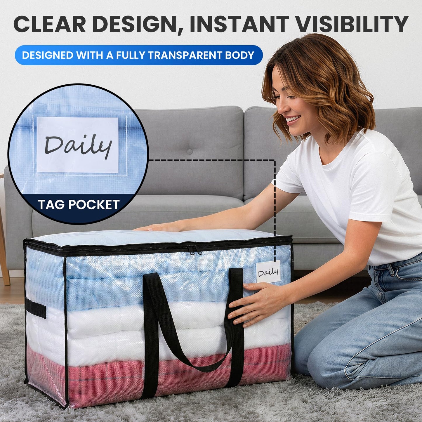 TAILI Extra Large Moving Bags, 4 Pack Clear Heavy Duty Totes For Storage with Visible Window, Wrap Around Handles, Storage Bags for Space Saving, Alternative to Moving Boxes