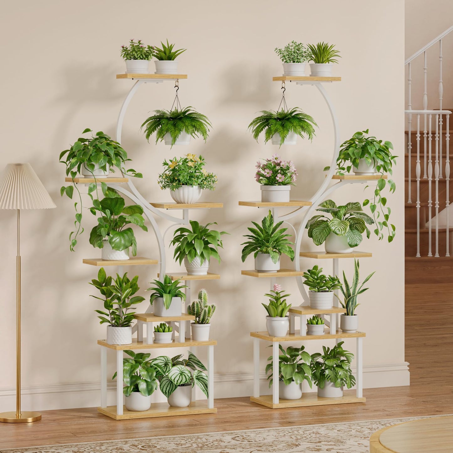 BACEKOLL Plant Stand Indoor with Grow Light - 2 Pack Tall Indoor Plant Shelf, 62" Corner Plant Holder, 8 Tiered Large S-Shape Flower Multiple Display Shelf for Home, White
