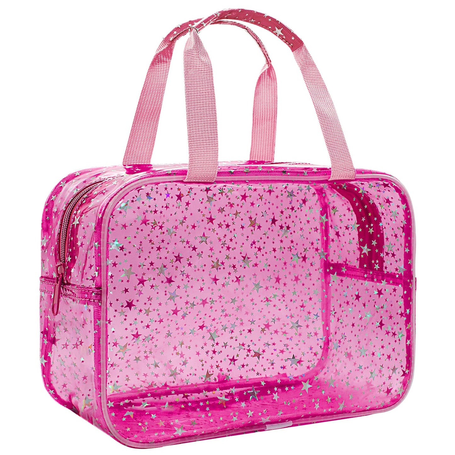 Junesters Clear Red Star Large Makeup Bag with Star Pattern 12x5x8 inch, Travel Cosmetic Bag with Handle, Durable PVC Material Washbag Zipper Opening Design for Makeup Travel Organizer or Gym Use