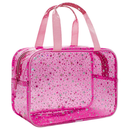 Junesters Clear Red Star Large Makeup Bag with Star Pattern 12x5x8 inch, Travel Cosmetic Bag with Handle, Durable PVC Material Washbag Zipper Opening Design for Makeup Travel Organizer or Gym Use