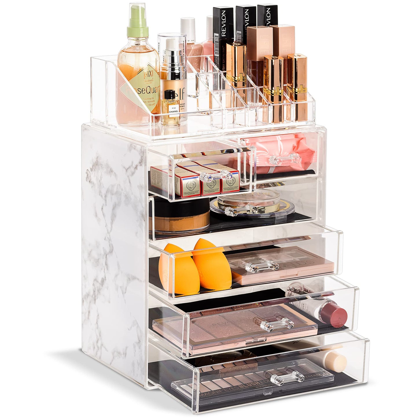 Sorbus Acrylic Makeup Organizer Set, 6-Drawer Vanity & Countertop Cosmetic Storage with Small & Wide Compartments, Marble Print Makeup Storage for Brushes, Jewelry – Holiday Gift for Women & Teens