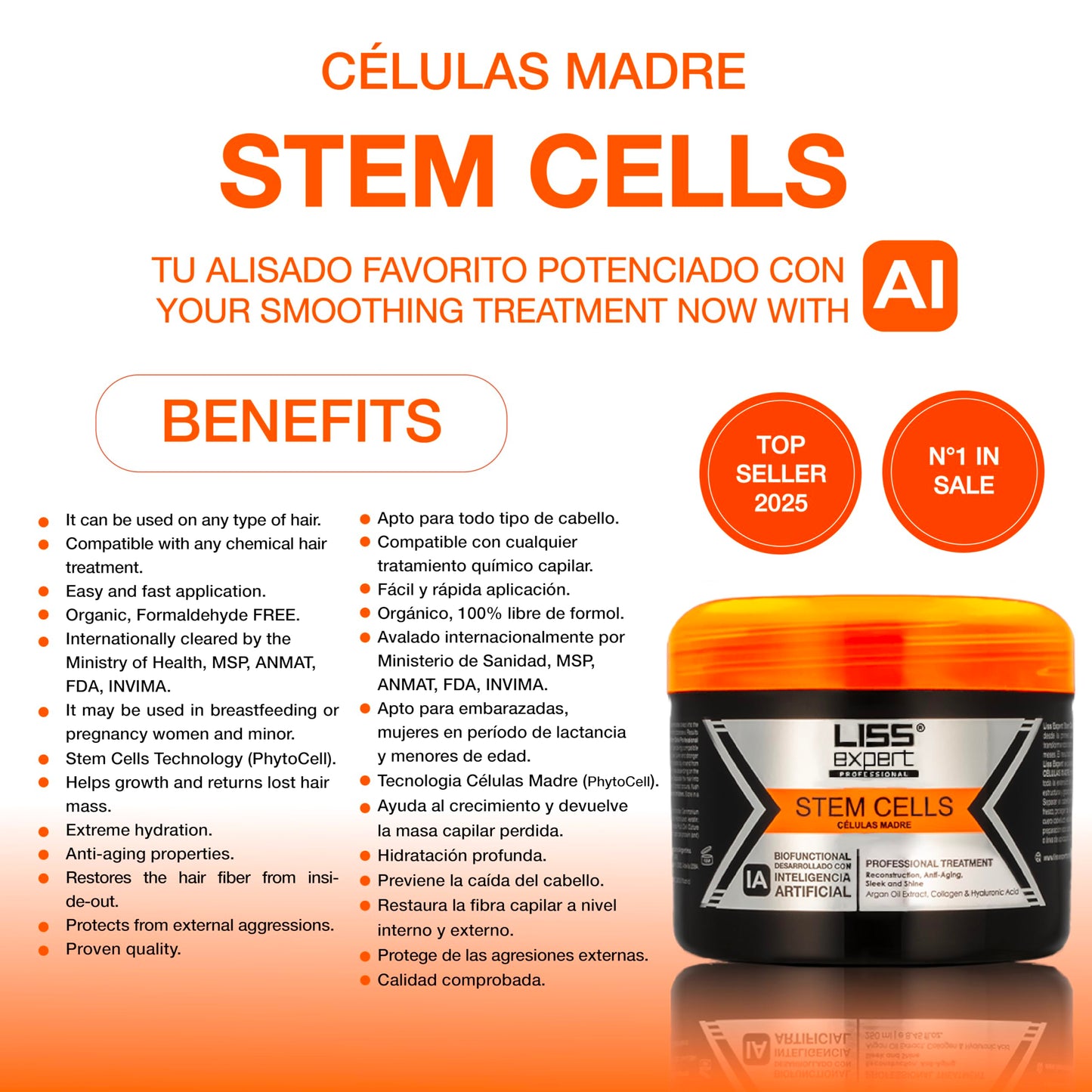 Liss Expert Professional Stem Cells Smoothing Treatment – Organic Keratin & Argan Oil – for Frizz-Free Repair & Shine – Professional Straightening(250 ml-Shoulder Length) x 2