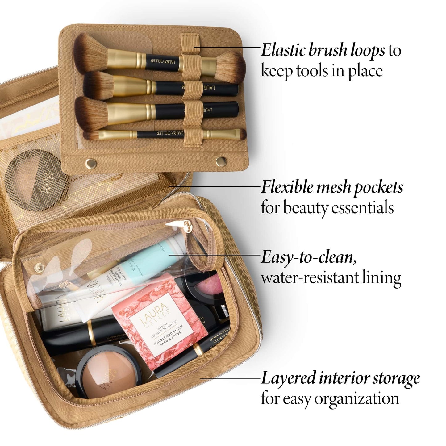 LAURA GELLER NEW YORK Train Case Makeup Organizer – Structured Cosmetic Bag with Brush Holders, Compartments & Travel-Friendly Storage