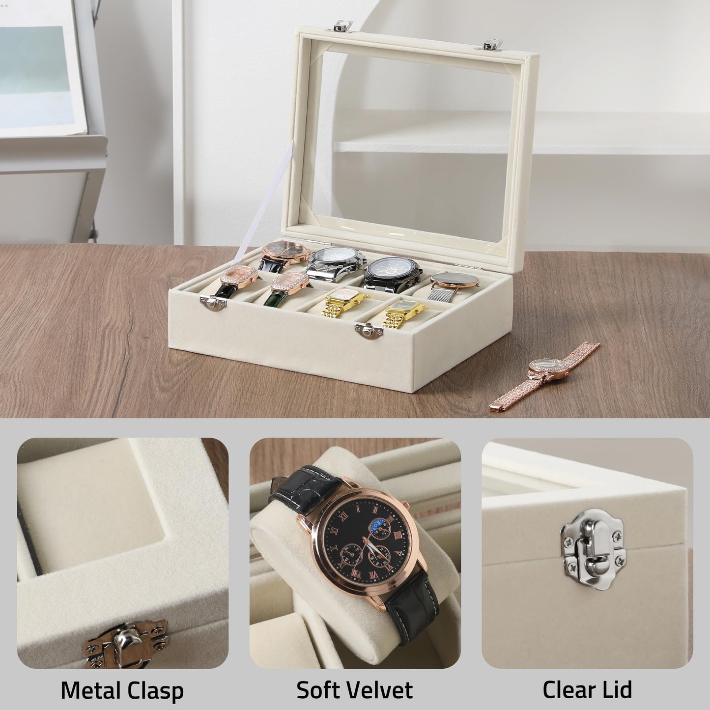 Frebeauty 4-Slot Watch Box,Velvet Watch Case with Glass Lid,Watch Organizer Box for Men and Women,Lockable Watch Storage,Watch Display Case,Ideal Gift(Beige)