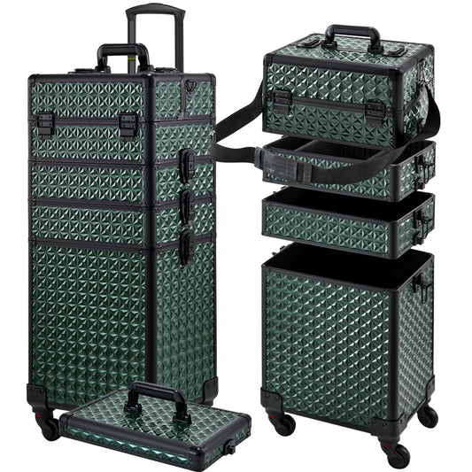 GALHUBIS Rolling Makeup Case, Makeup Train Case with Lid, 5 in 1 Cosmetology Case on Wheels, Christmas Gift, Large Makeup Case Organizers, Profesional Cosmetic Case for Salon Barber,Black Green