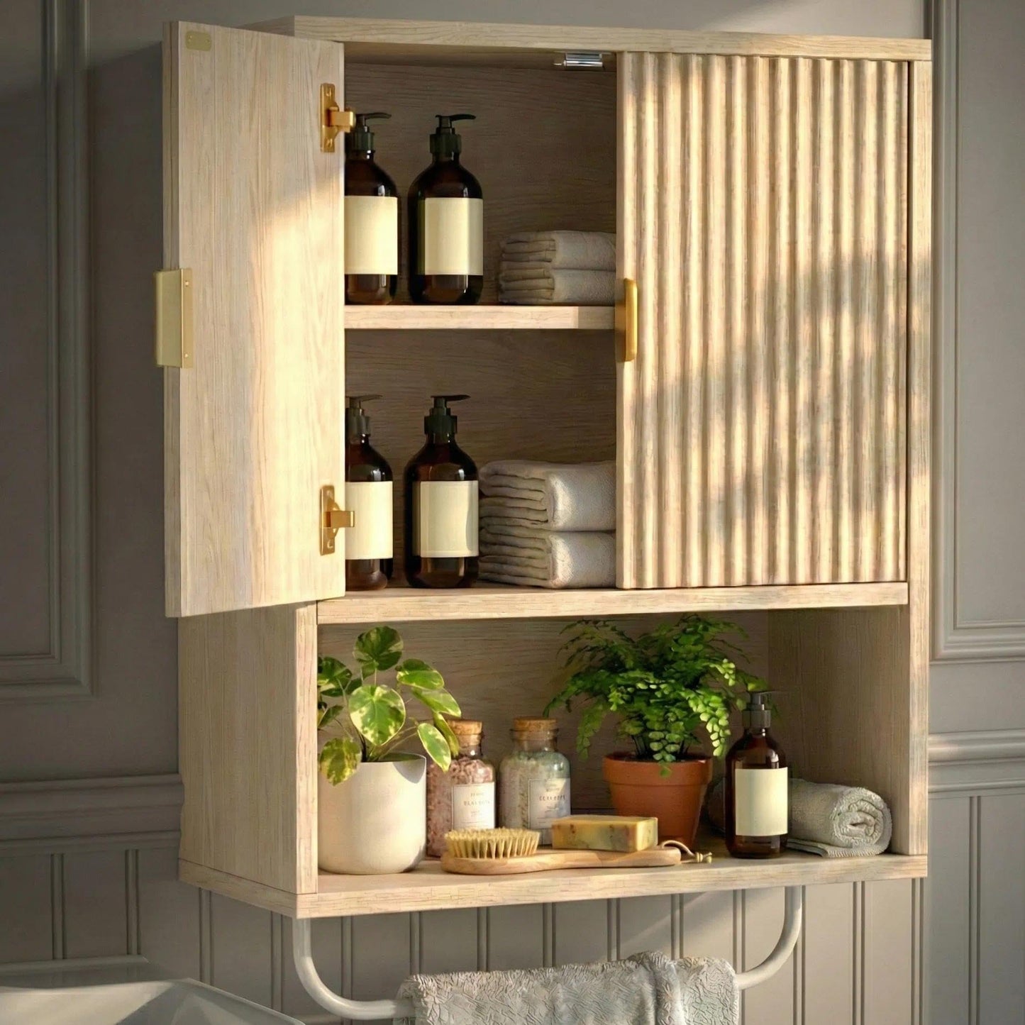 Bathroom Wall Cabinet No Mirror – Fluted Wood Medicine Cabinet with Towel Bar, Surface Mount Storage Organizer Over Toilet, Rustic Farmhouse Hanging Cupboard with Doors for Over Sink (Natural Oak)