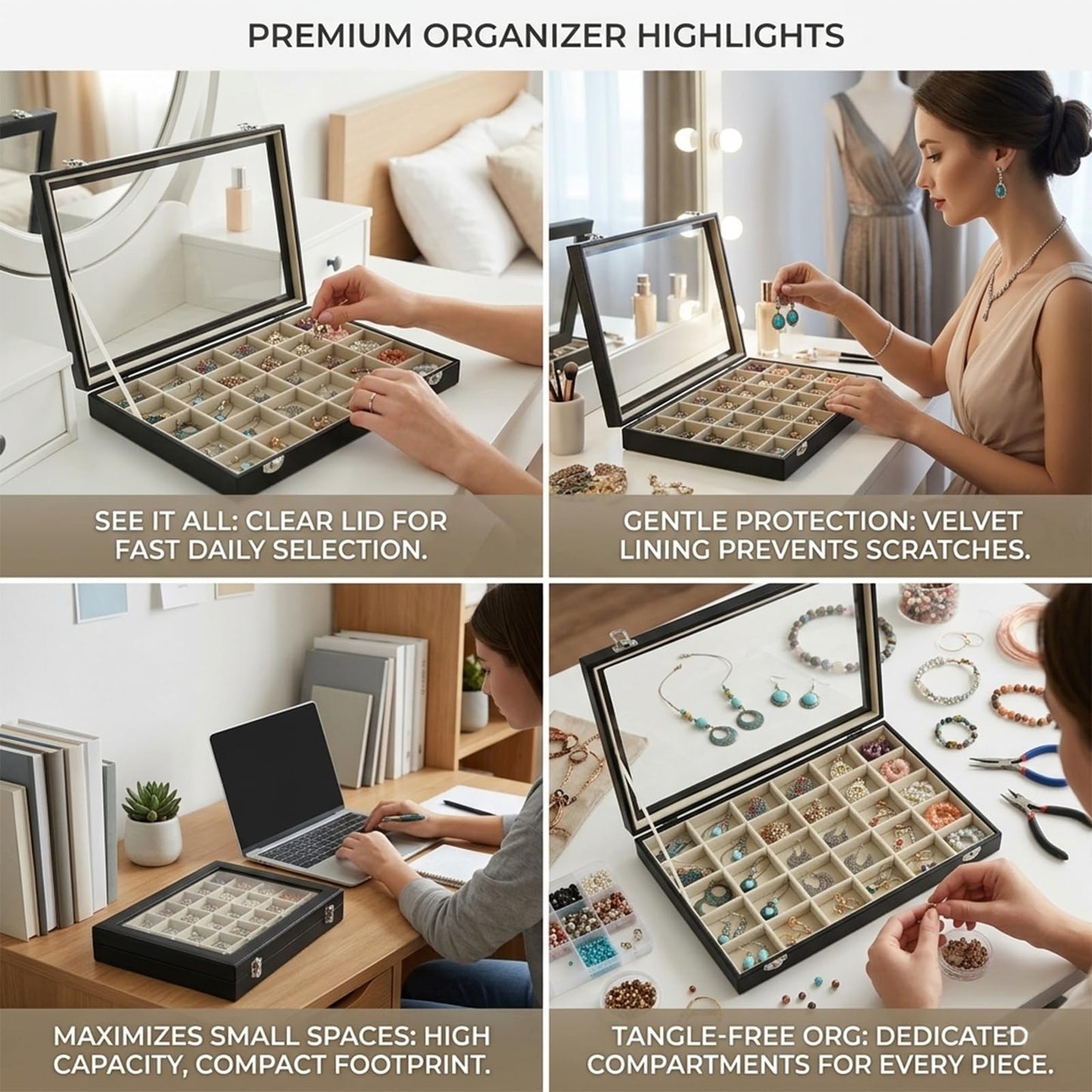 Stratalife Jewelry Organizer Bracelet Holder Organizer Box Earring Storage Drawer Jewelry Display Anti Tarnish Ring Holder For Women Girls 12 Grid (Beige Black)