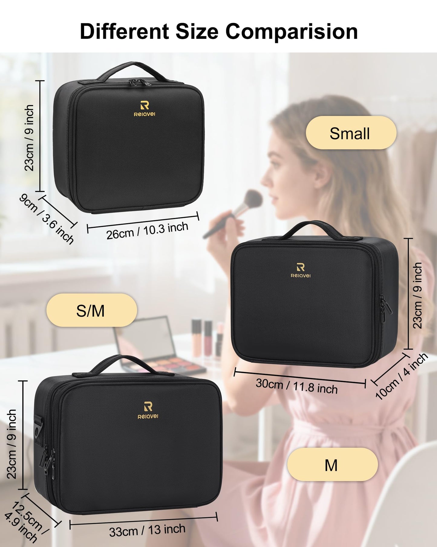 Relavel Makeup Bag Large Cosmetic Bag Travel Train Case Toiletry Bag for Women with Adjustable Dividers, Travel Essentials Organizer Case Storage Box for Skincare, Brushes, Black