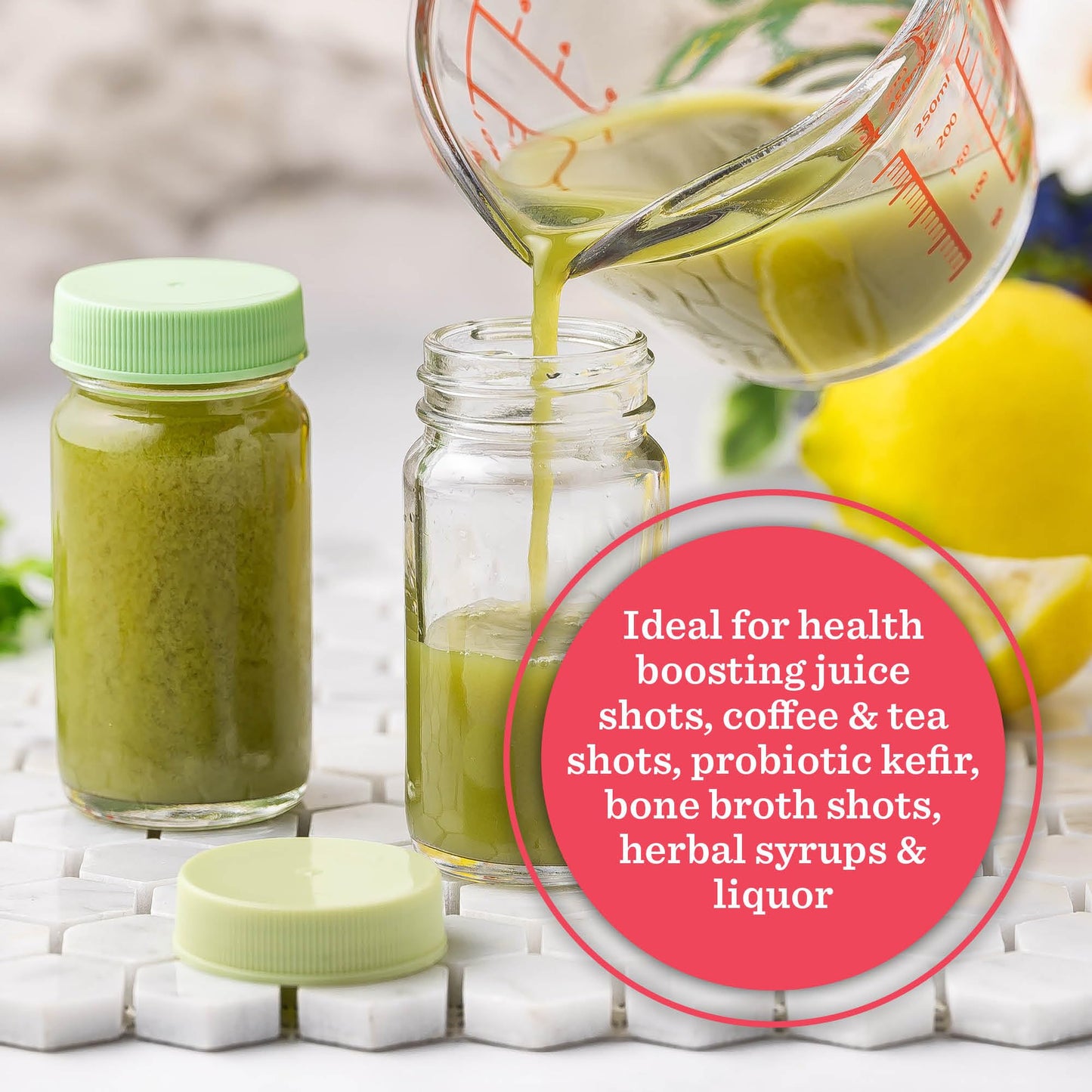 Glass Juice Shot Bottles with Caps, Clear, 2oz, Colored Lids & Silicone Grip Bands, Beverage Storage, Juicing, Turmeric & Ginger Shot Bottles